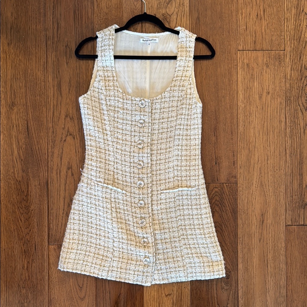Reformation Cream Tweed Button-Down Mini Dress - 4